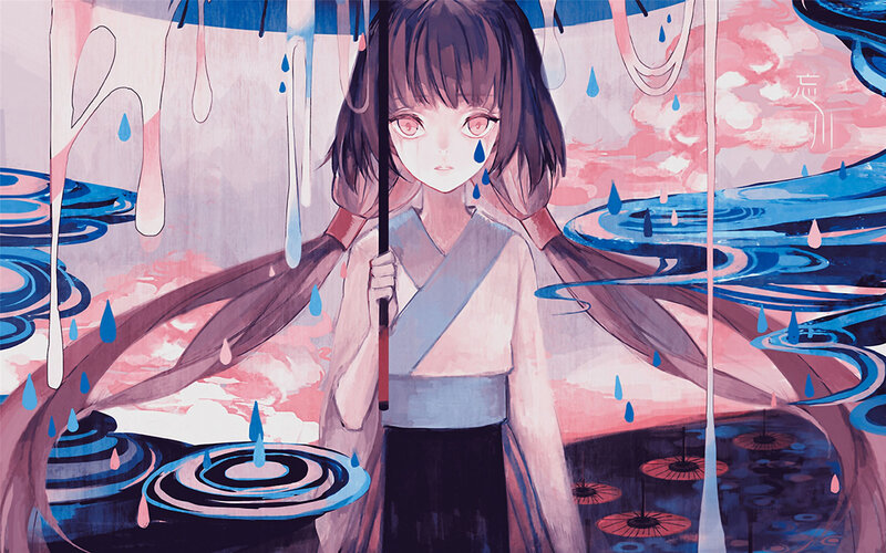 Girl Holding Umbrella — Blue, Melancholic, Night, Digital Art