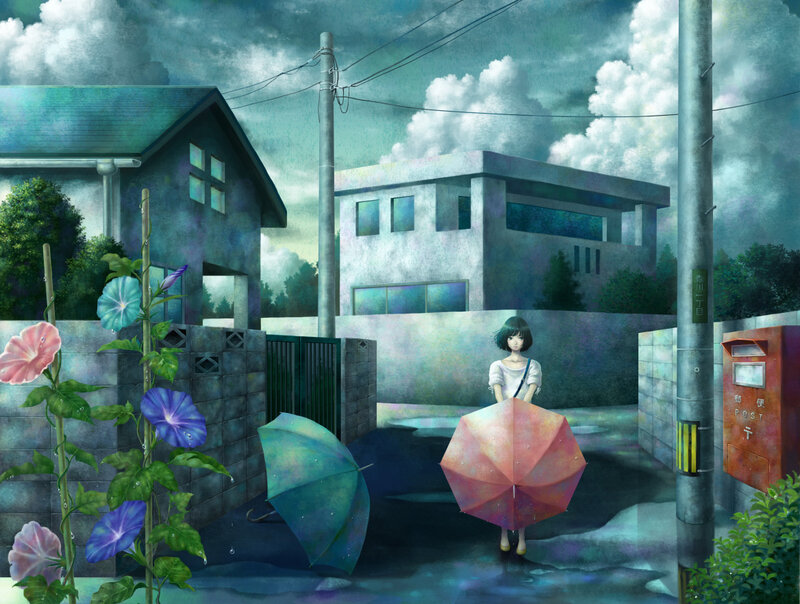 Girl Holding Umbrella — Blue, Melancholic