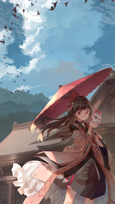 Girl Holding Umbrella — Blue, Serene, Afternoon, Digital Art, Mask