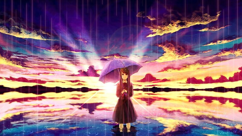 Girl Holding Umbrella — Purple, Dramatic, Sunset, Digital Art