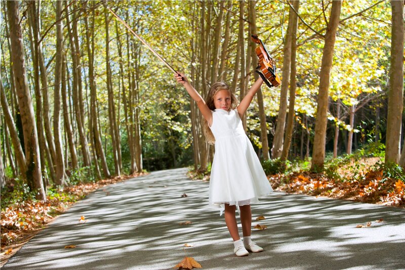 Girl Holding Violin — White, Serene