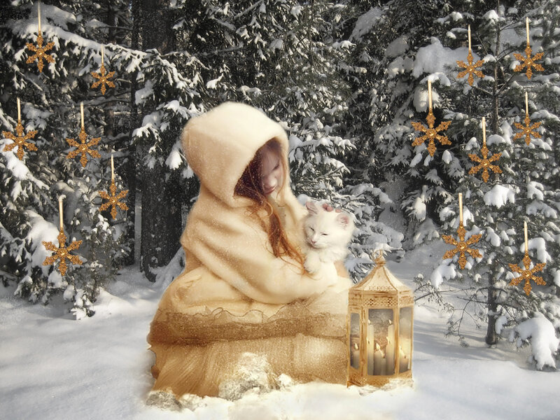 Girl Holding White Cat — Serene, Winter, Digital Art, Snowy Forest
