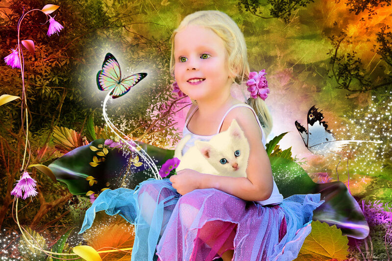 Girl Holding White Kitten — Purple