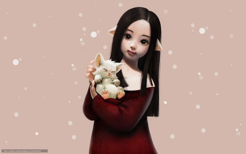 Girl Holding White Kitten — Red