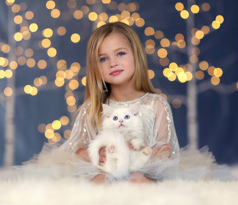 Girl Holding White Kitten — Serene, Night