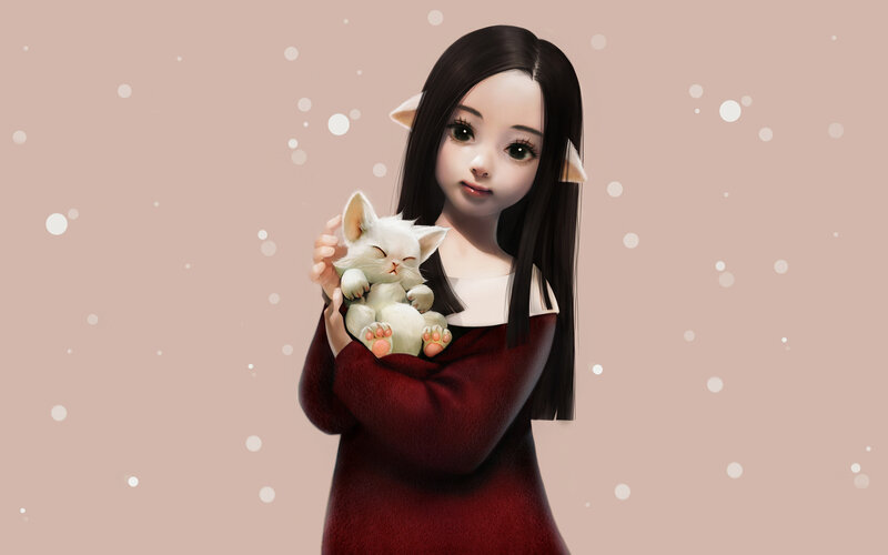 Girl Holding White Kitten