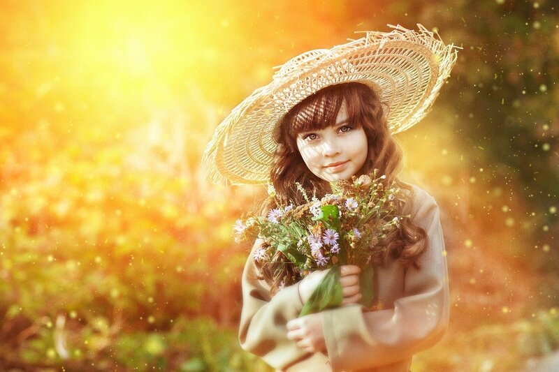 Girl Holding Wildflowers — Yellow, Serene