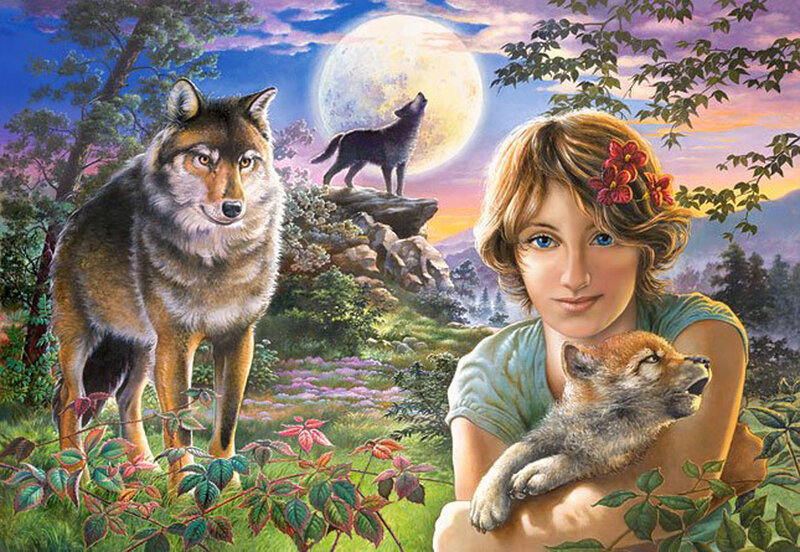 Girl Holding Wolf Pup — Green, Serene, Night
