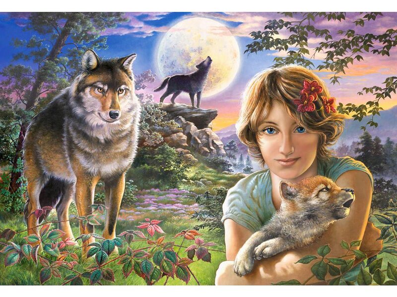 Girl Holding Wolf Pup — Green, Serene