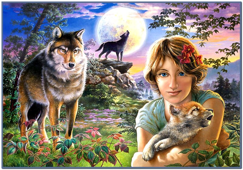 Girl Holding Wolf Pup — Green