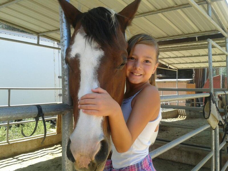 Girl Hugging a Horse — Brown, Happy