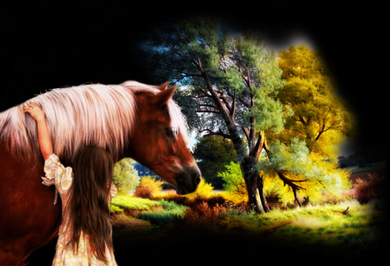 Girl Hugging a Horse — Brown, Serene