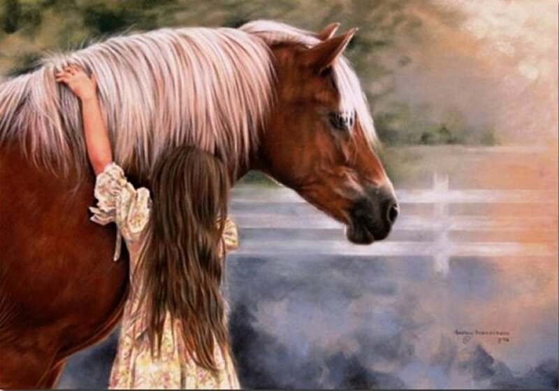 Girl Hugging a Horse — Brown