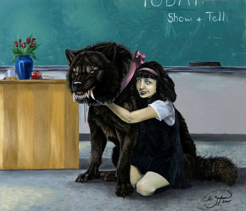 Girl hugging a wolf in classroom