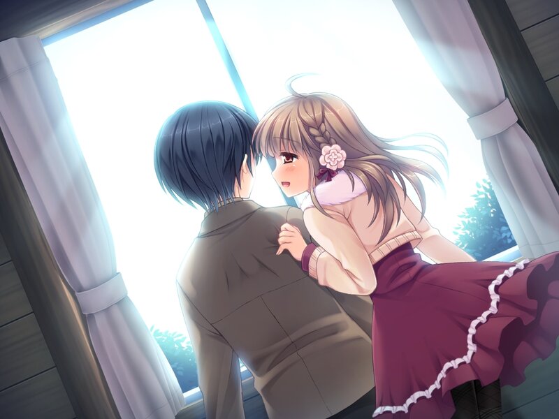 girl hugging boy by window