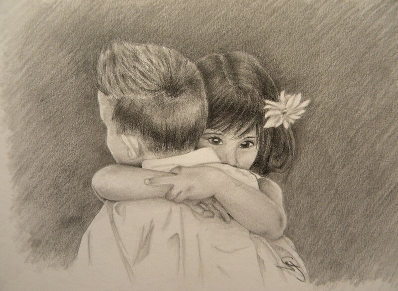 Girl Hugging Boy — Gray