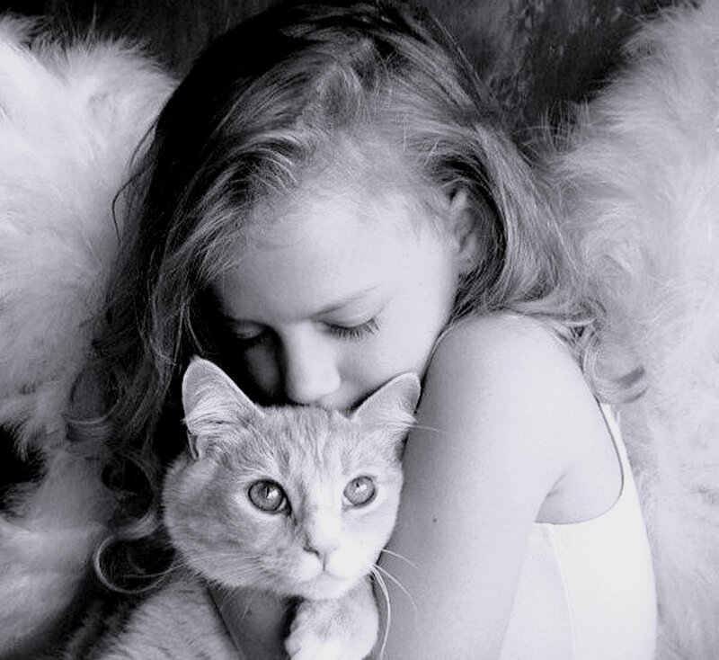 Girl Hugging Cat — Black, Serene
