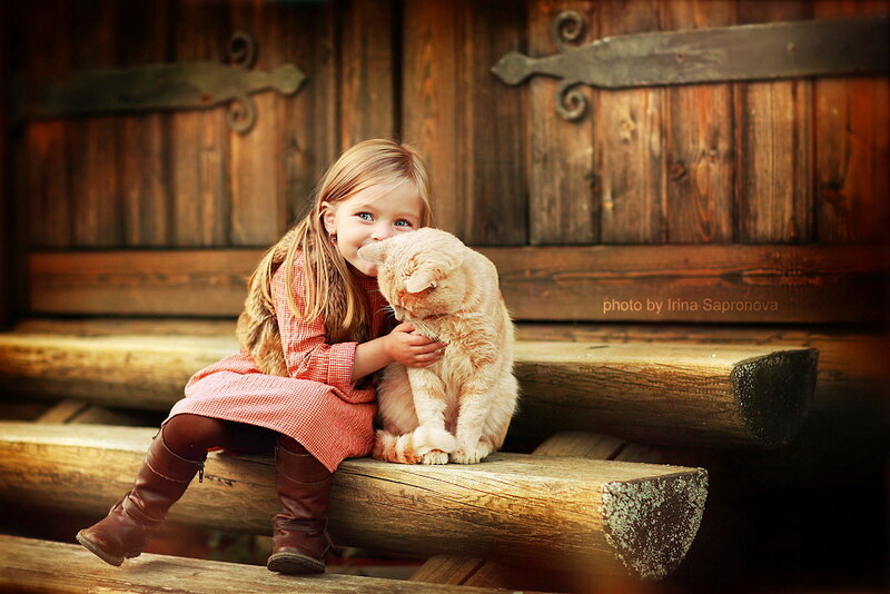 Girl Hugging Cat — Brown, Peaceful