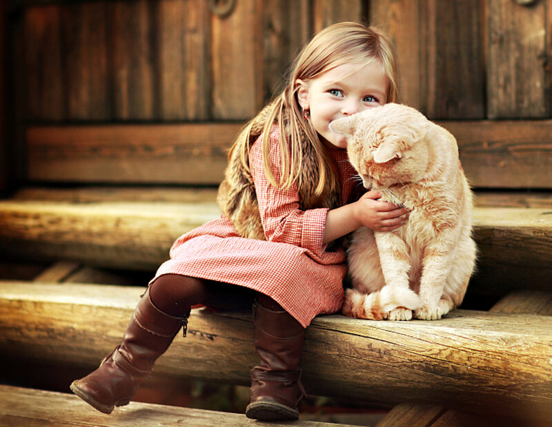 Girl Hugging Cat — Brown