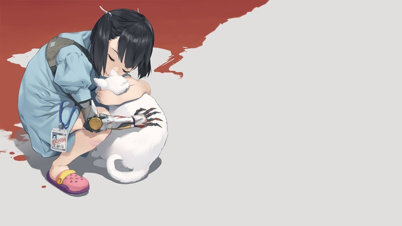 Girl Hugging Cat — Red