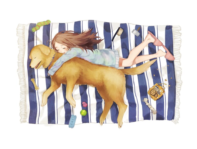 Girl Hugging Dog — Blue