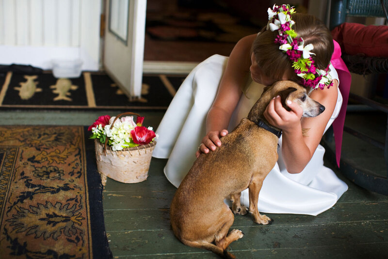 Girl Hugging Dog — White