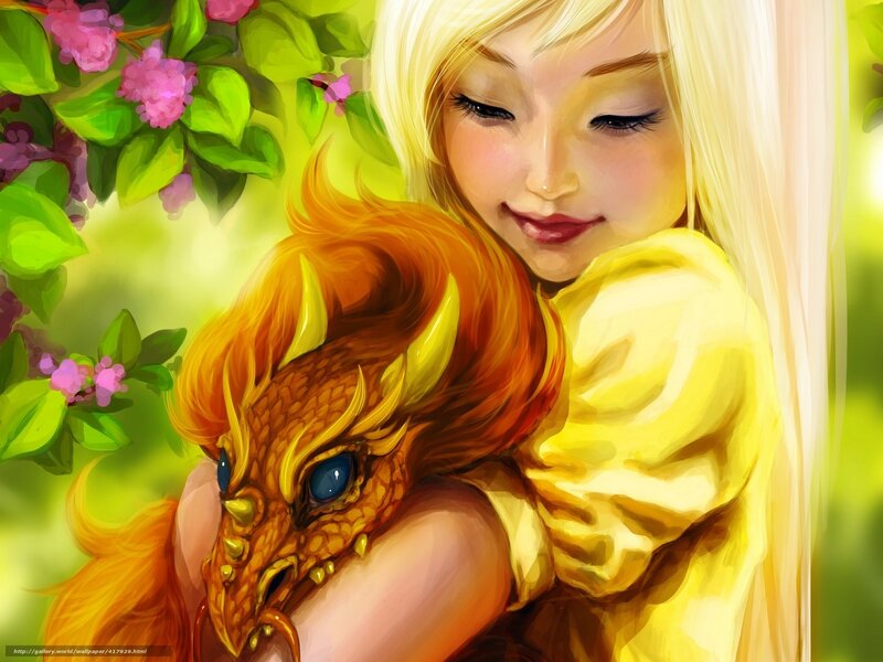Girl Hugging Dragon — Yellow, Serene, Spring, Digital Art
