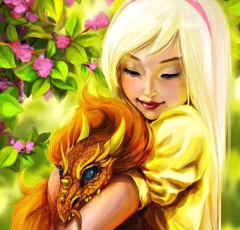 Girl Hugging Dragon — Yellow, Serene, Spring