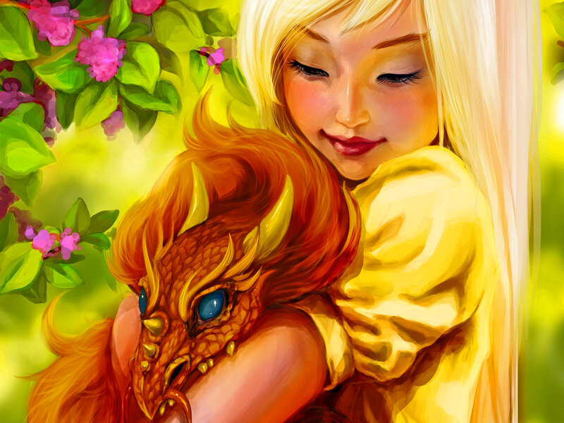 Girl Hugging Dragon — Yellow, Serene