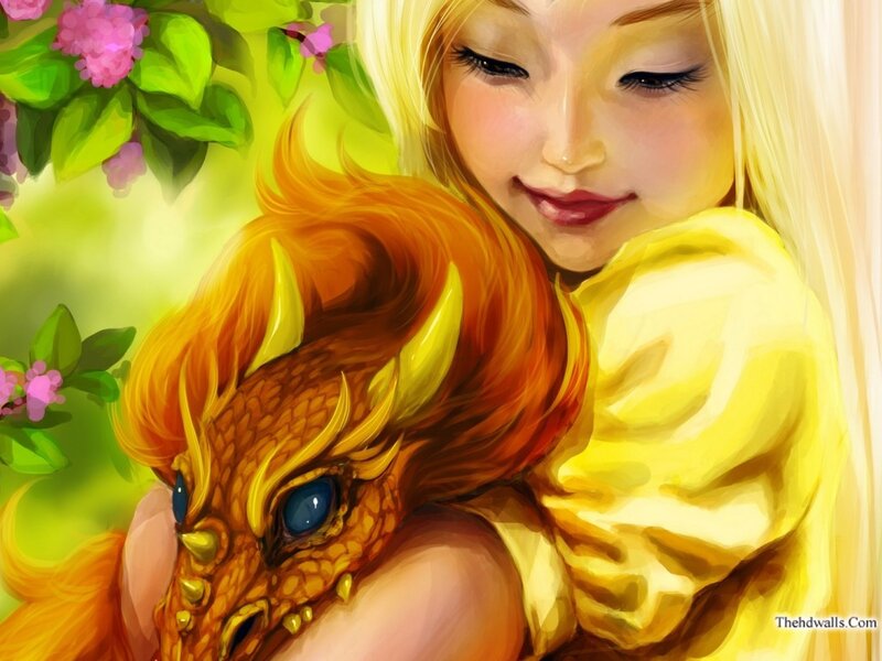 Girl Hugging Dragon — Yellow