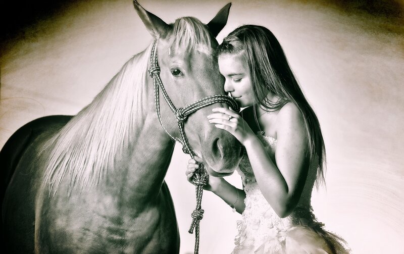 Girl Hugging Horse — Black, Serene