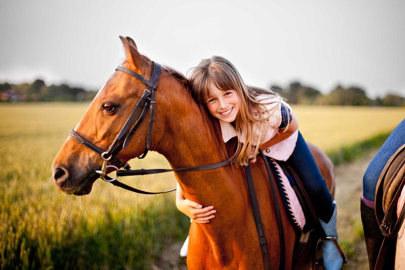 Girl Hugging Horse — Brown, Peaceful