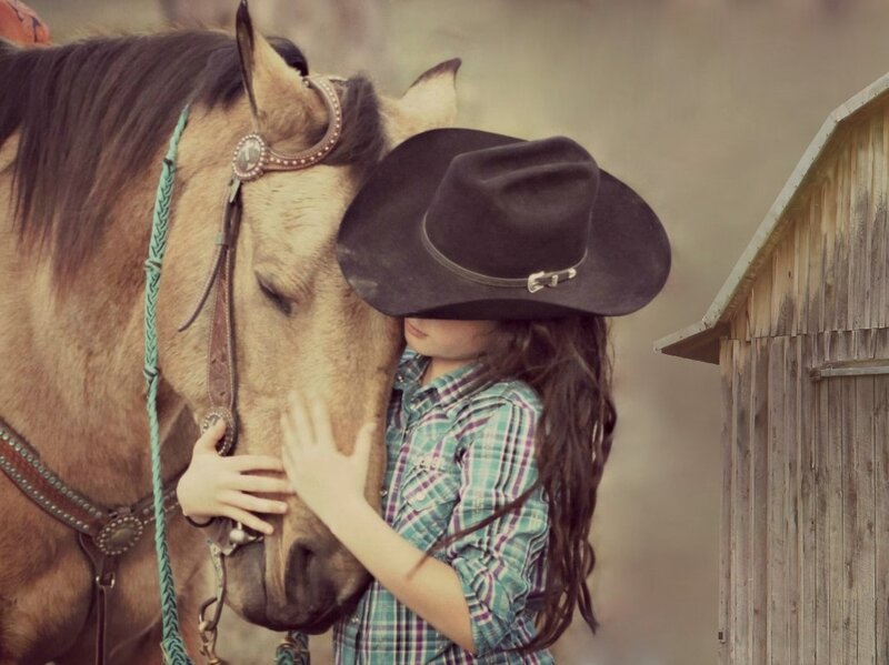 Girl Hugging Horse — Brown, Serene, Photograph