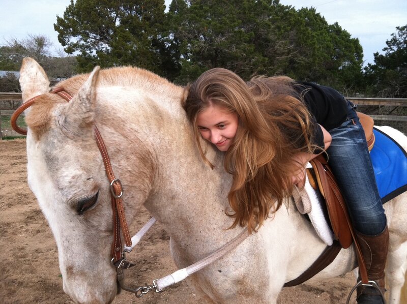 Girl Hugging Horse — White, Affectionate