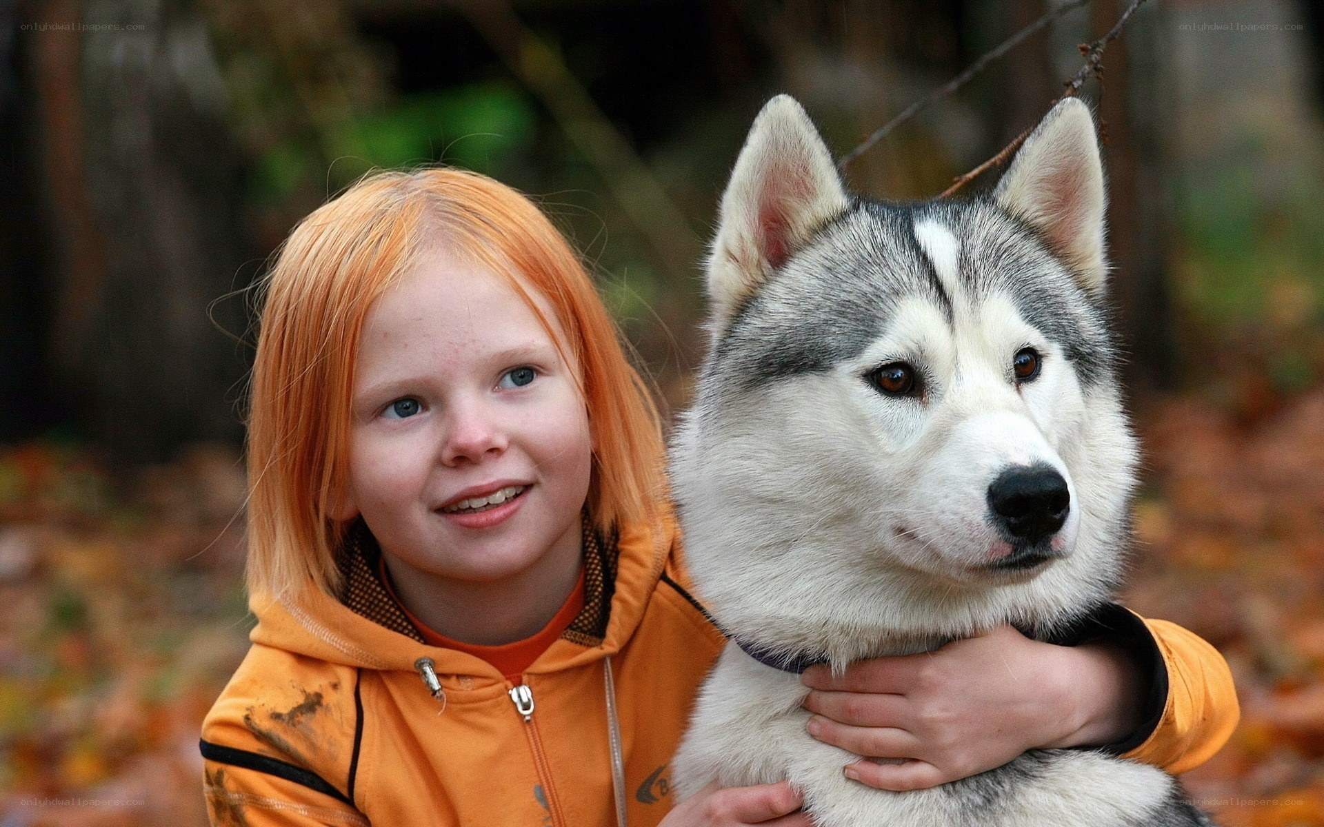 Girl hugging husky dog