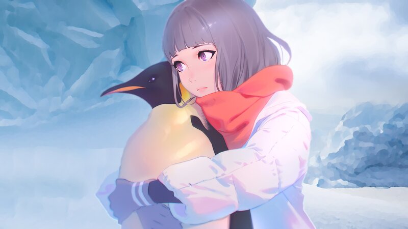 Girl Hugging Penguin — Blue