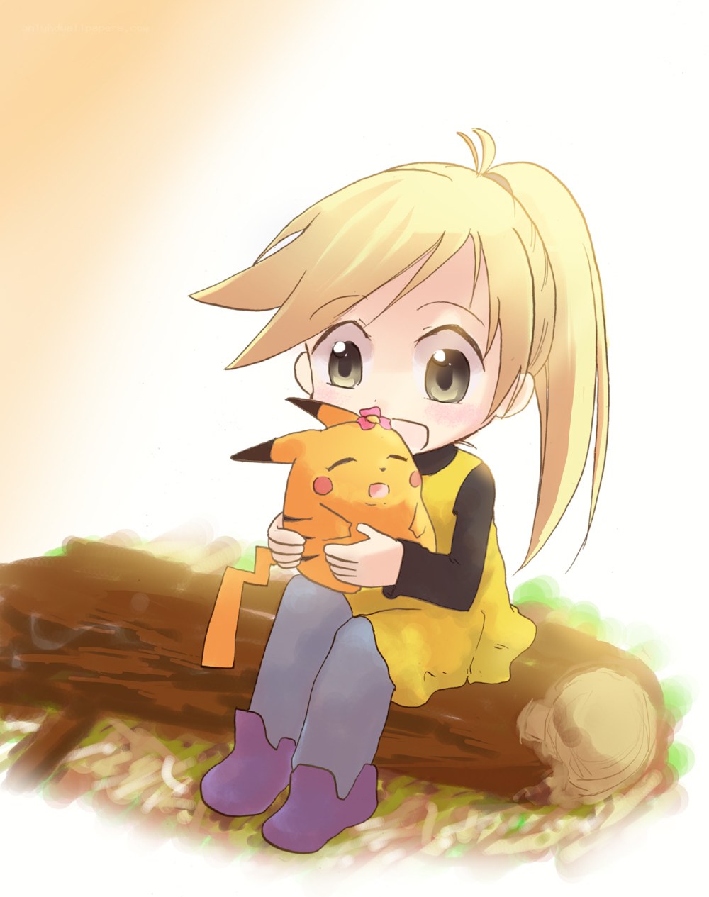 girl hugging pikachu plush