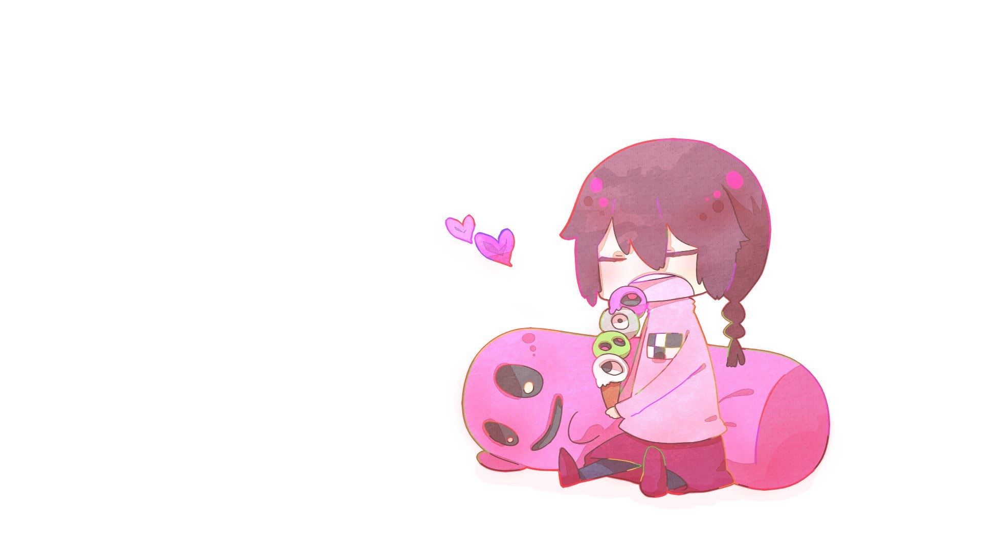 girl hugging pink creature
