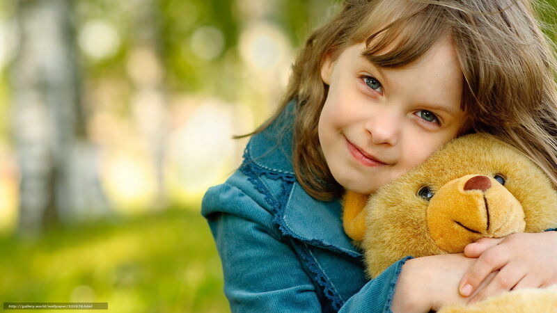 Girl Hugging Teddy Bear — Blue, Peaceful