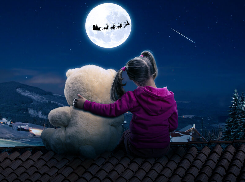 Girl Hugging Teddy Bear — Blue