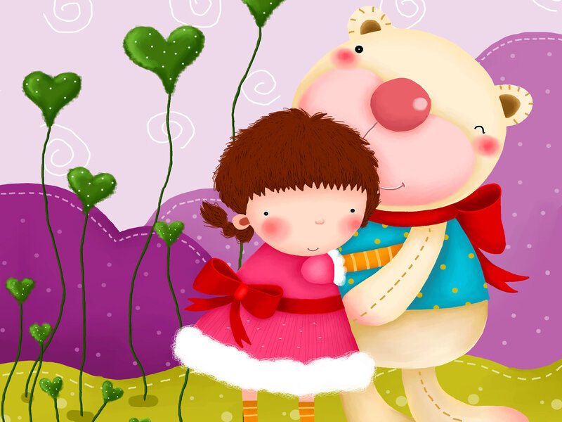 Girl Hugging Teddy Bear — Purple, Sweet