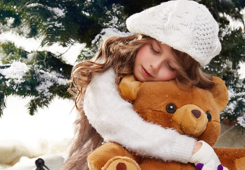 Girl Hugging Teddy Bear — White, Peaceful, Winter