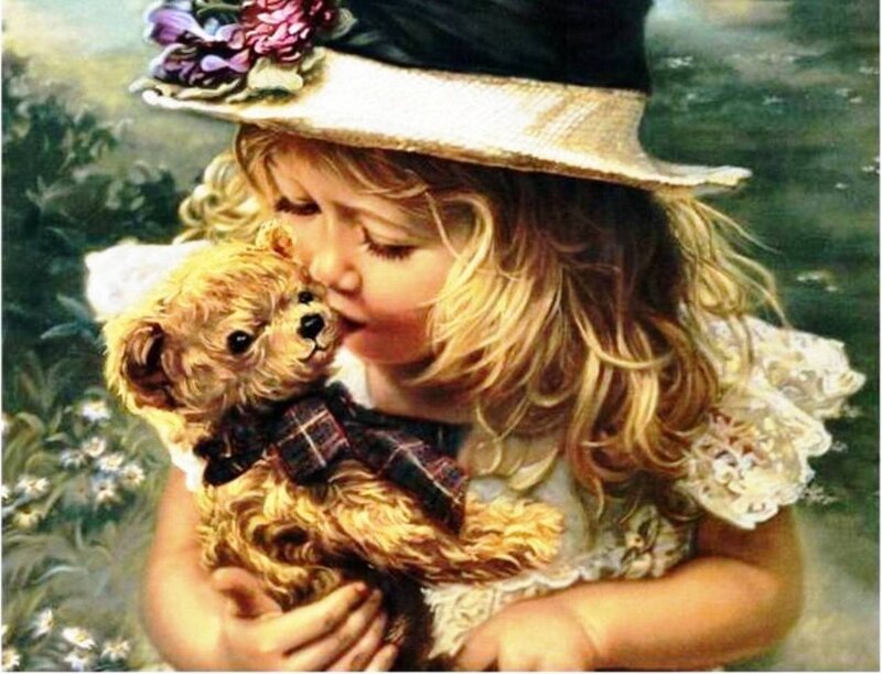 Girl Hugging Teddy Bear — Yellow, Serene