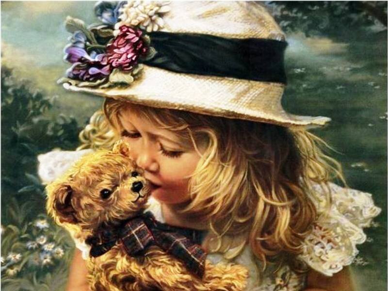 Girl Hugging Teddy Bear — Yellow