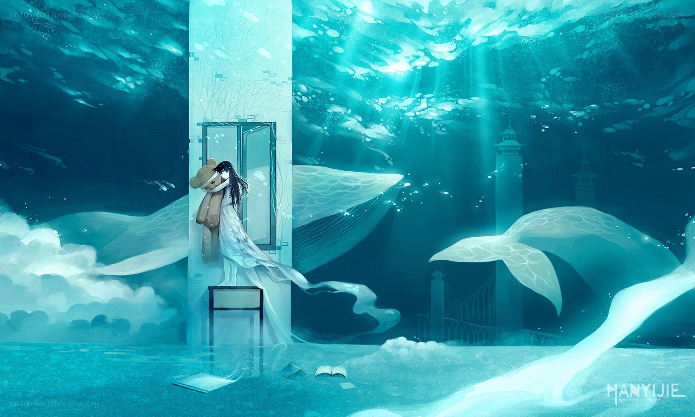 girl hugging teddy underwater