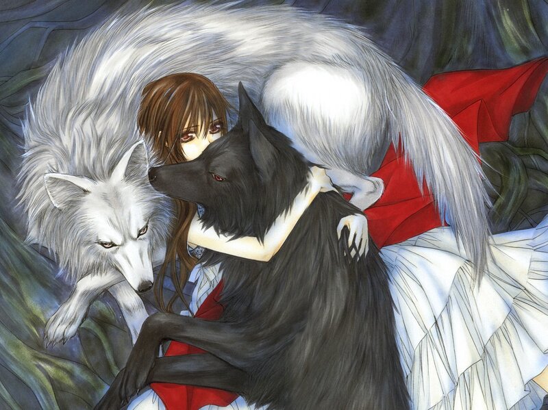 Girl Hugging Two Wolves