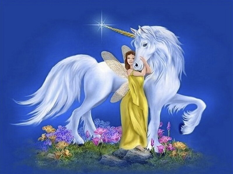 Girl Hugging Unicorn — Blue
