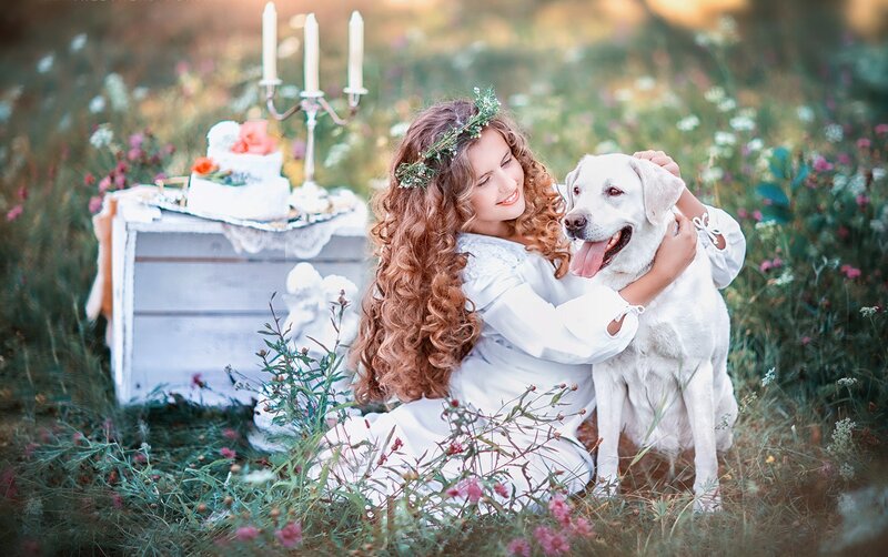 Girl Hugging White Dog