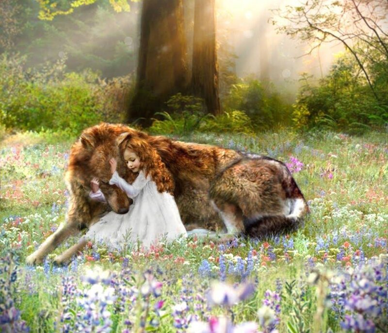 Girl Hugging Wolf — Green