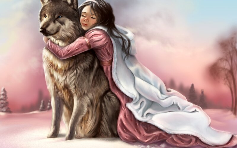 Girl Hugging Wolf — Pink, Serene